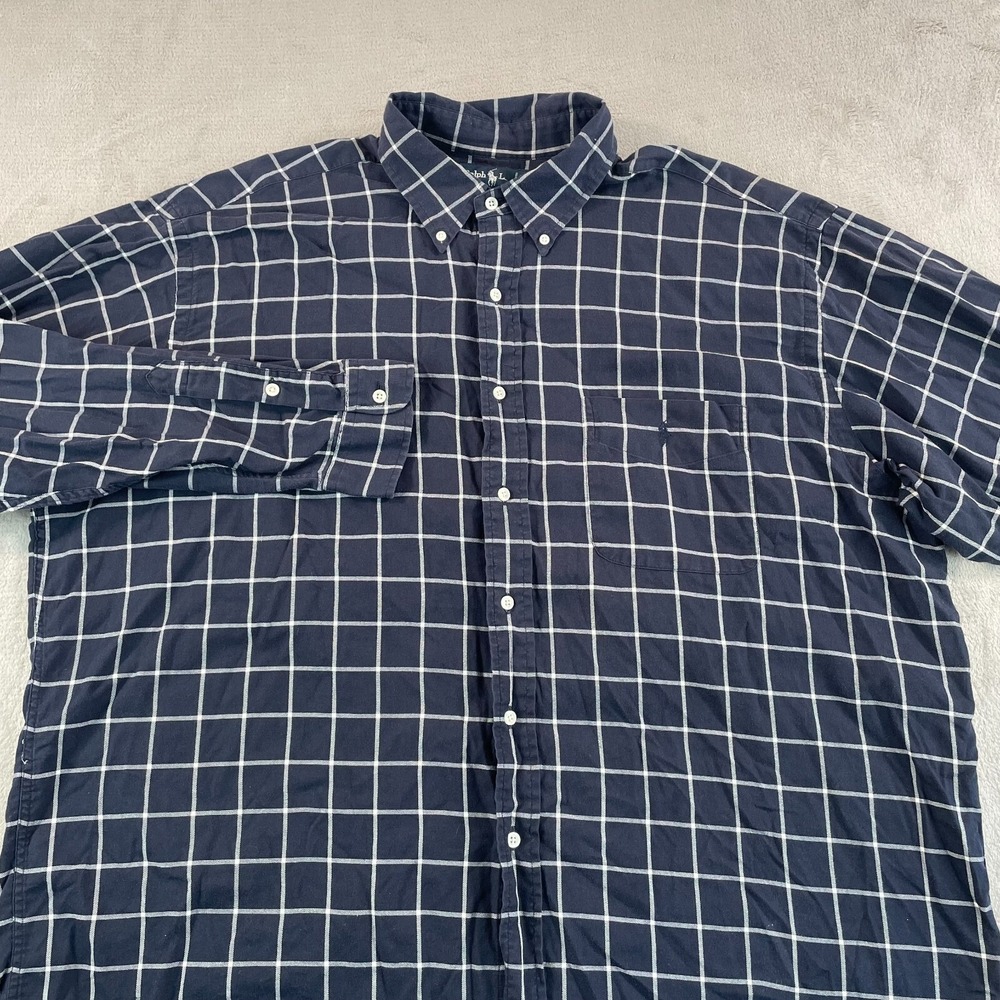 Vintage Polo Ralph Lauren Big Shirt Men XL Navy Blue WindowPane Pocket Pony Prep